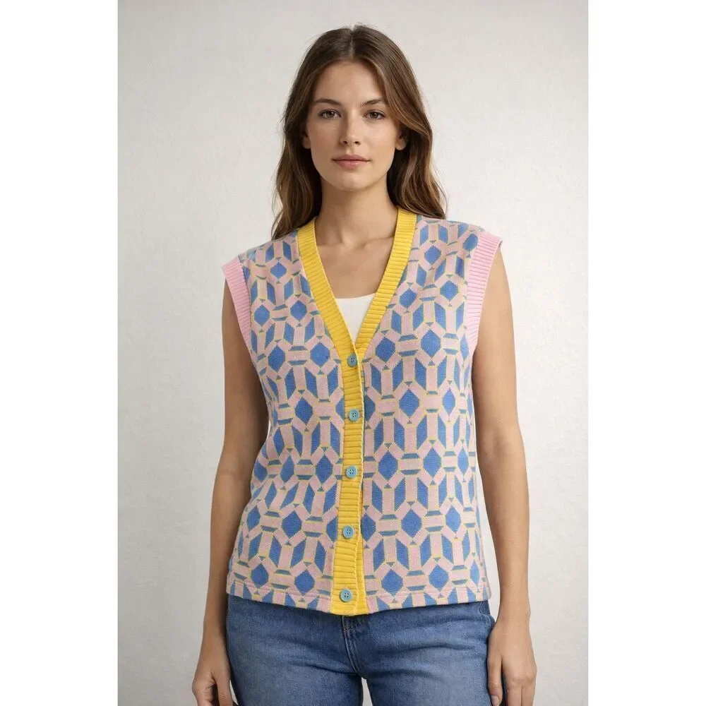 Zara Colorful Geometric Knit Button Sweater Vest Women Small